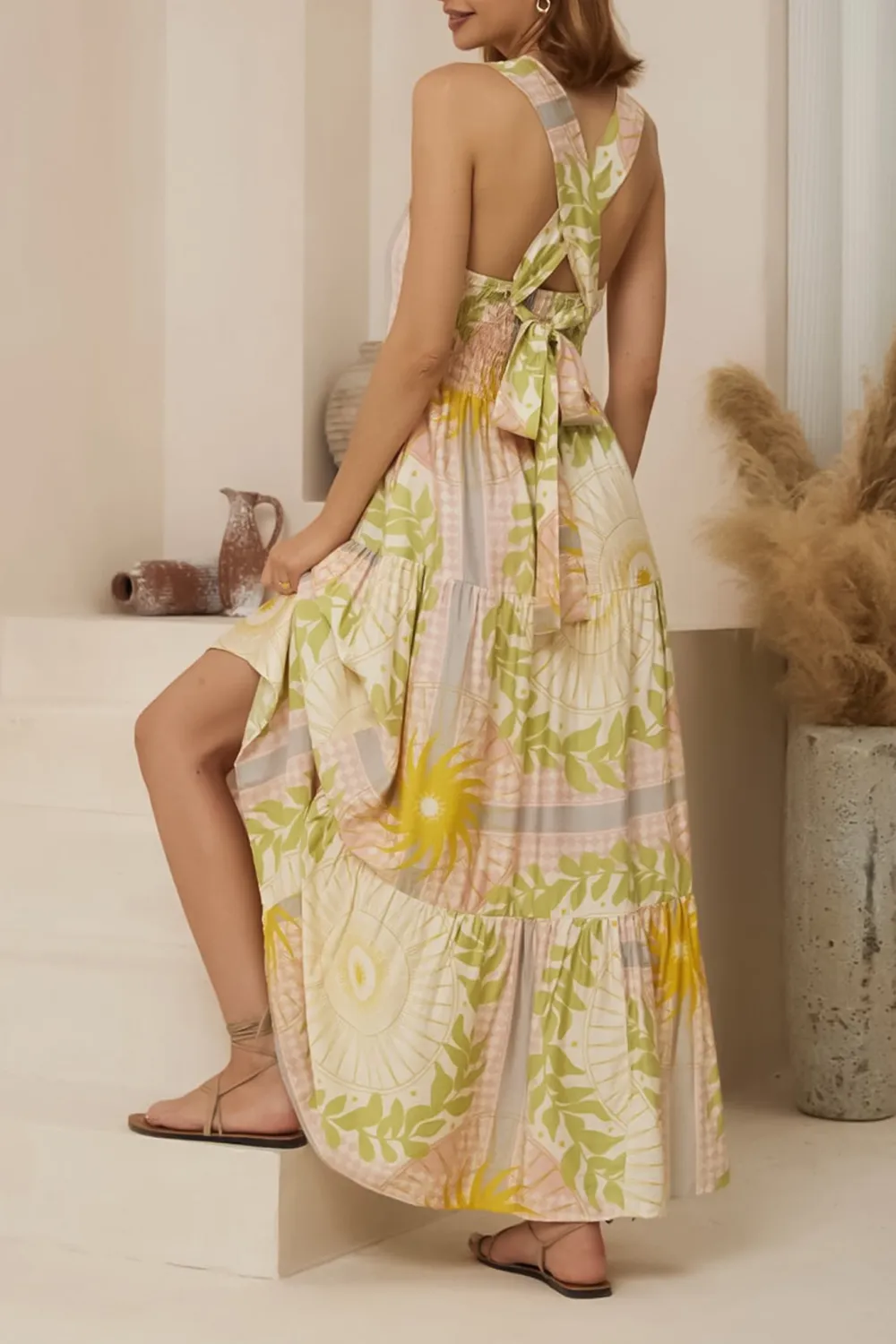 Yellow Green Floral Print Tiered Maxi Dress