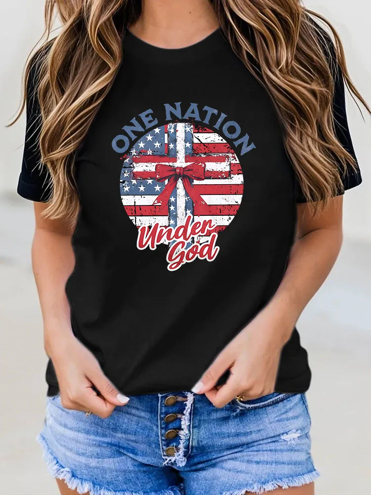 Woman'S One Nation Under God Round-Neck Short-Sleeved T-Shirt