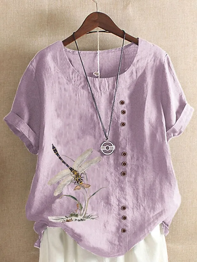 Women's Linen Shirt T shirt Tee Blouse White Pink Blue Floral Button Print Short Sleeve Daily Going out Weekend Streetwear Crewneck Regular Fit Summer Spring