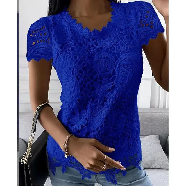 Women's Shirt Blouse Black White Pink Plain Lace Short Sleeve Casual Vintage Fashion Basic Round Neck Regular Fit