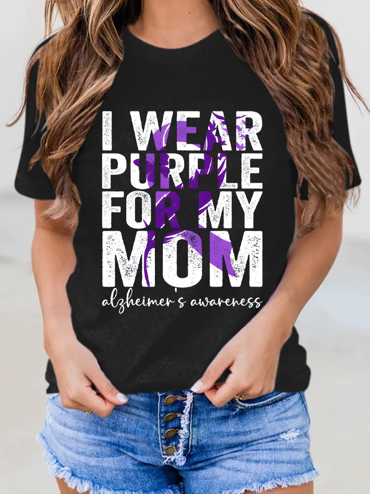 Women'S I Wear Purple For My Mom Alzheimer'S Awareness Round-Neck Short-Sleeved T-Shirt