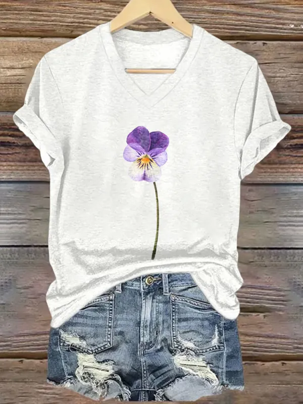 Women'S Floral Printed Alzheimer'S Awareness V-Neck Short-Sleeved T-Shirt