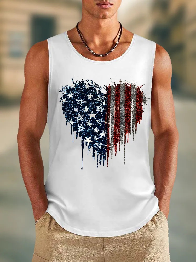 Men'S Stars And Stripes Heart-Shaped Print Round-Necked Sleeveless Vest
