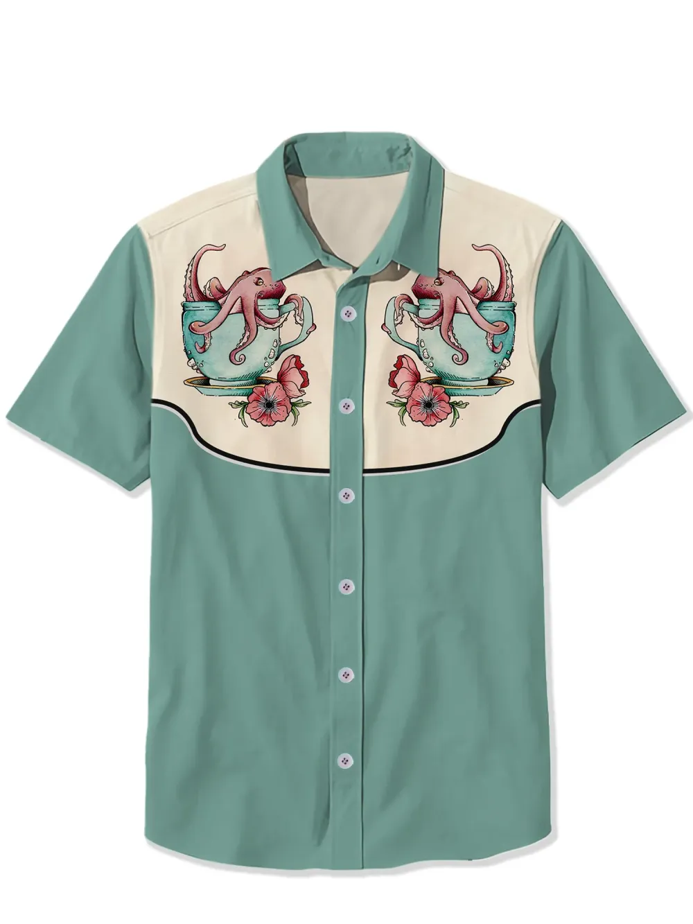 Marine Animals Octopus In Cup And Flowers Shirt