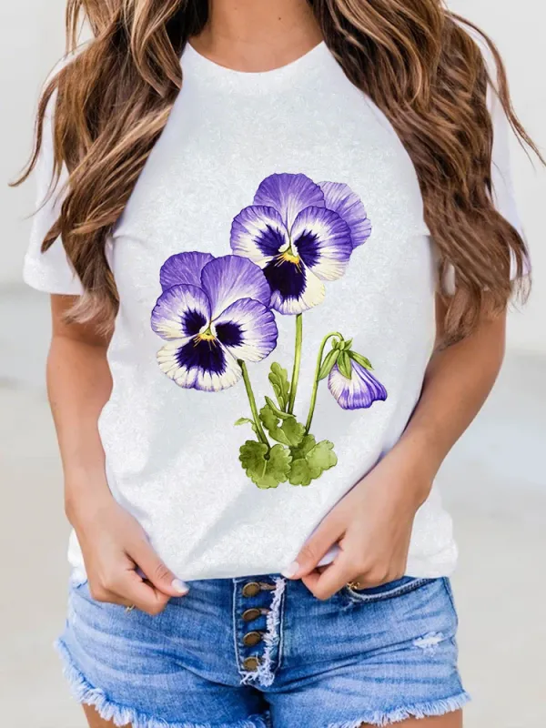 Women'S Floral Printed Alzheimer'S Awareness Short-Sleeved T-Shirt