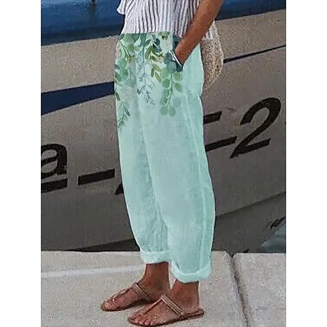 Women's Wide Leg Pants Trousers Baggy Ankle-Length Faux Linen Side Pockets Baggy Micro-elastic Mid Waist Fashion Designer Casual Weekend Gray Green White / Black S M
