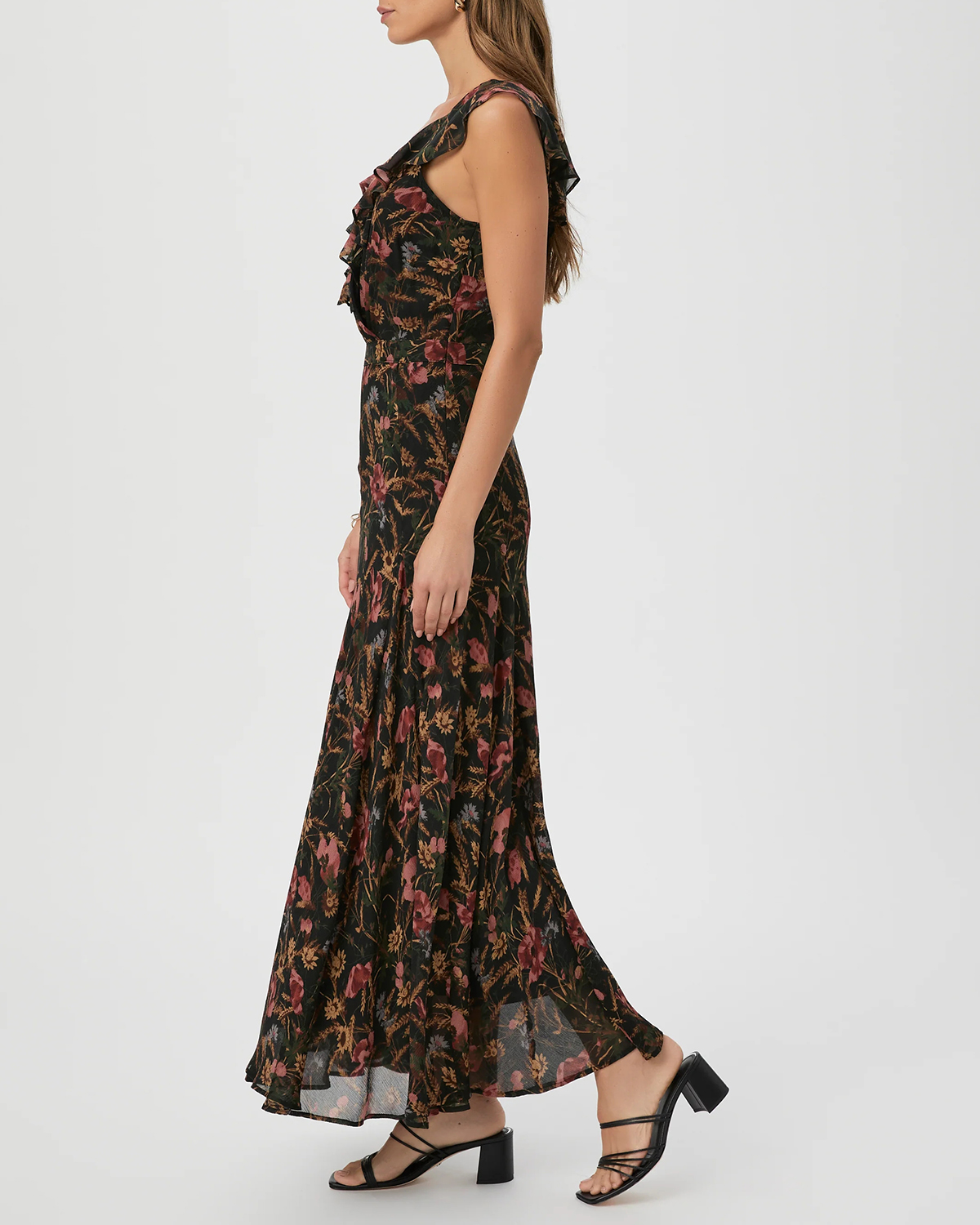Black Multi Silk Floral Print Sleeveless Midi Dress