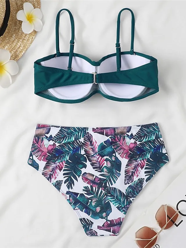 Women's Swimwear Bikini 2 Piece Normal Swimsuit 2 Piece Open Back Sexy Printing High Waisted Floral Leaves Black Yellow Navy Blue Royal Blue Blue Strap Bathing Suits Sexy Vacation Fashion