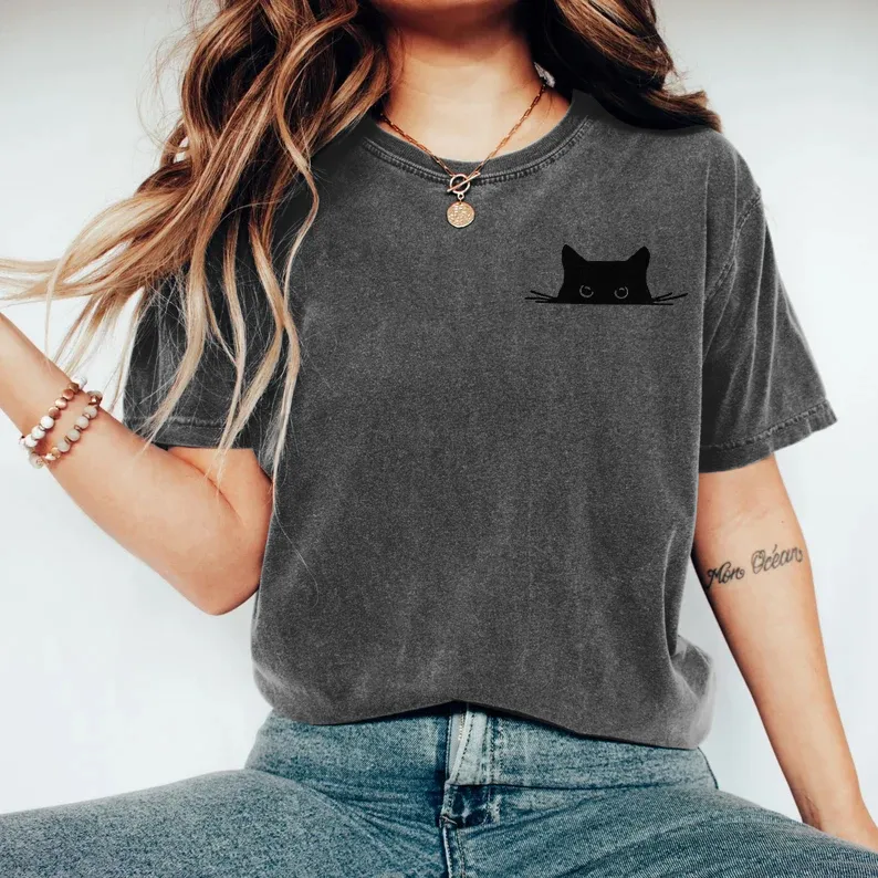 Abstract Creative Embroidered Black Cat Art Print  T-shirt