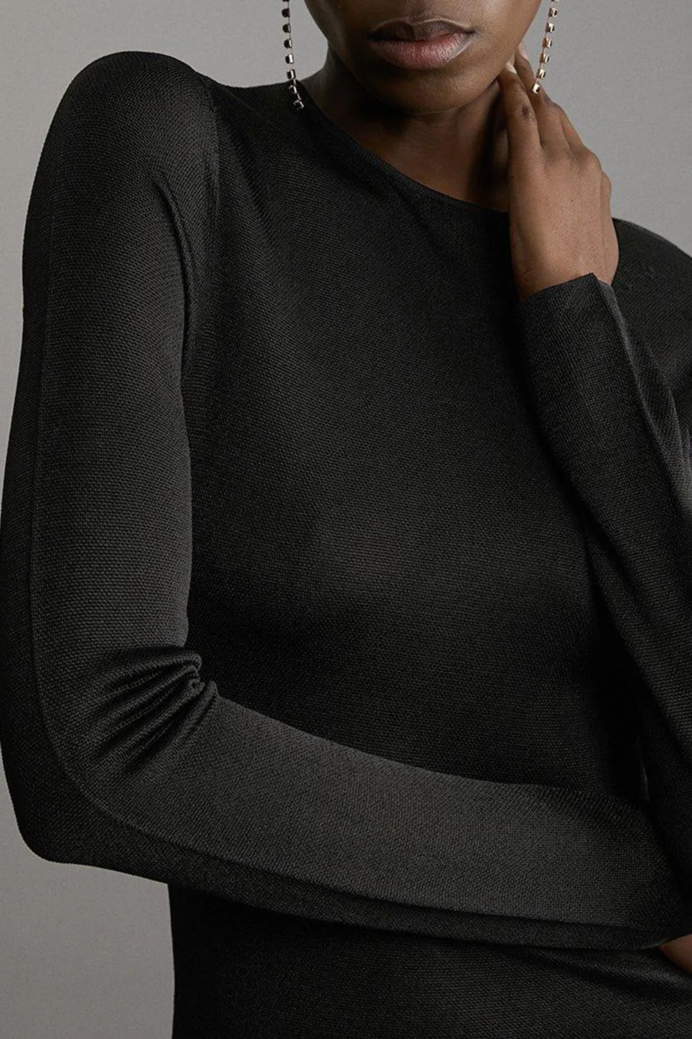 Viscose Blend Slinky Sheer Lace Detail Asymmetric Knit Midaxi Dress