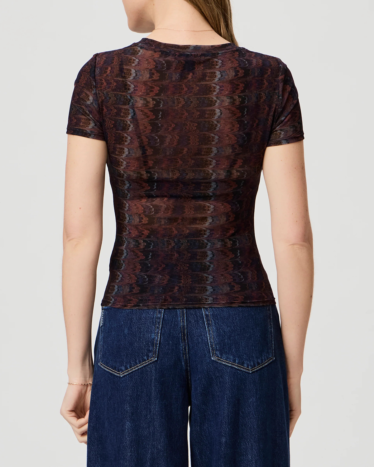 Navy Multi Sheer Fabric Short Sleeve Top
