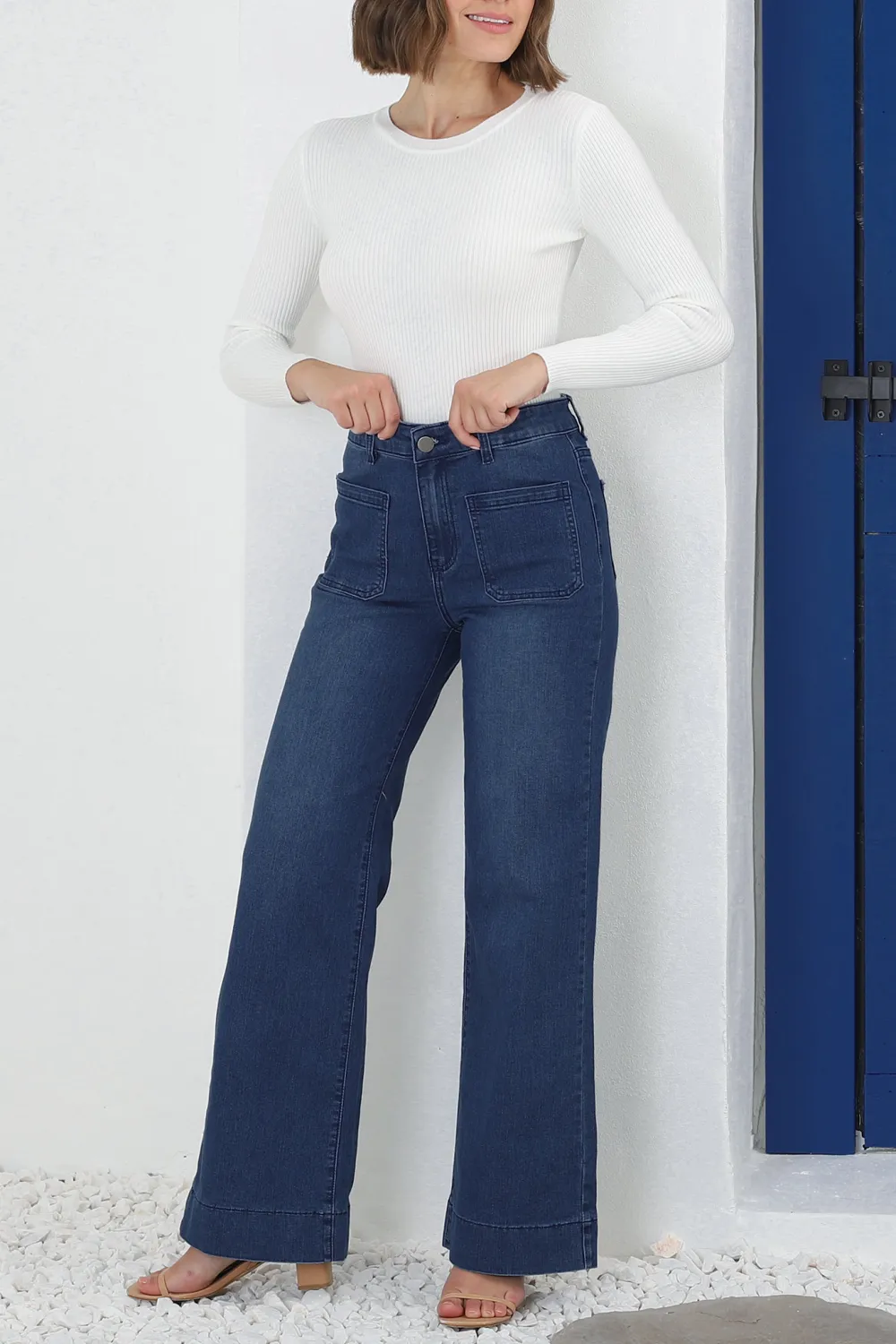 Dark Blue High Waisted Wide Leg Denim Jeans