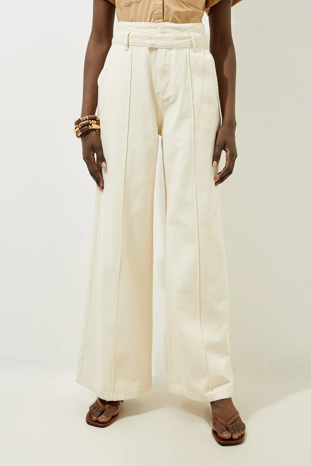 Non-Stretch Denim Waistband Detail Wide Leg Trousers
