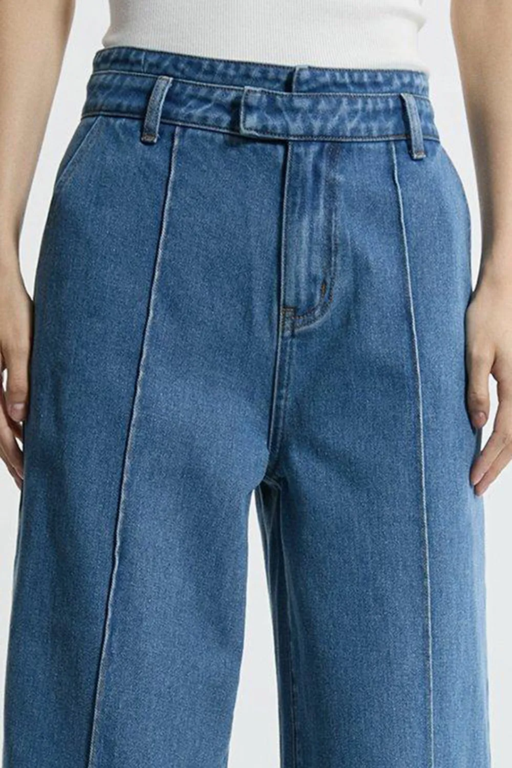 Denim Waistband Detail Wide Leg Trousers