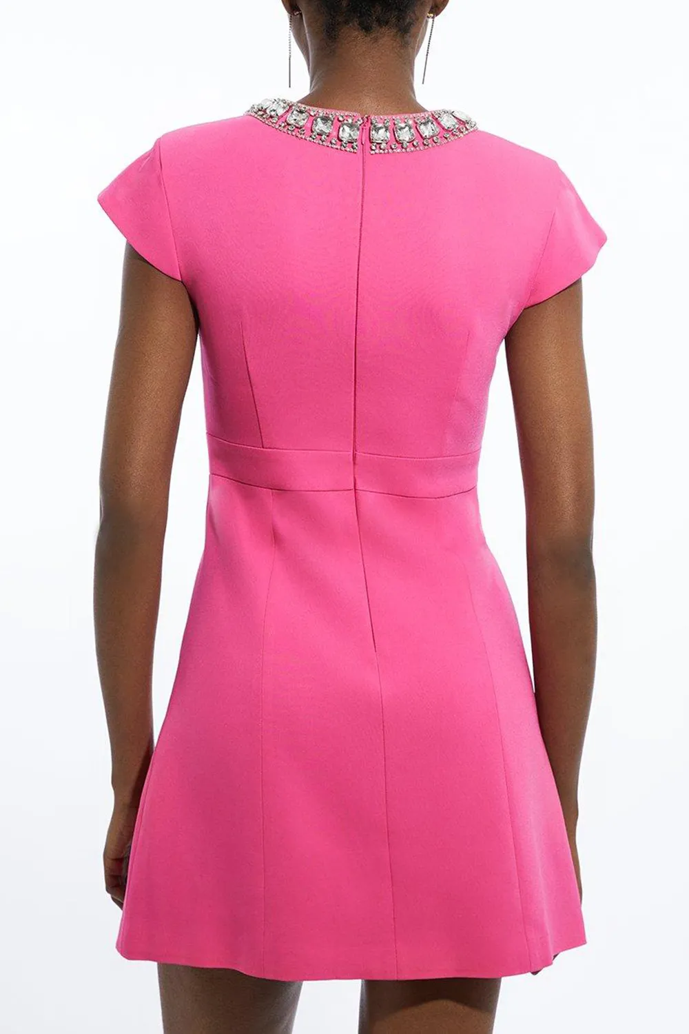 Tailored Compact Viscose Stretch Embellished Cap Sleeve Mini Dress