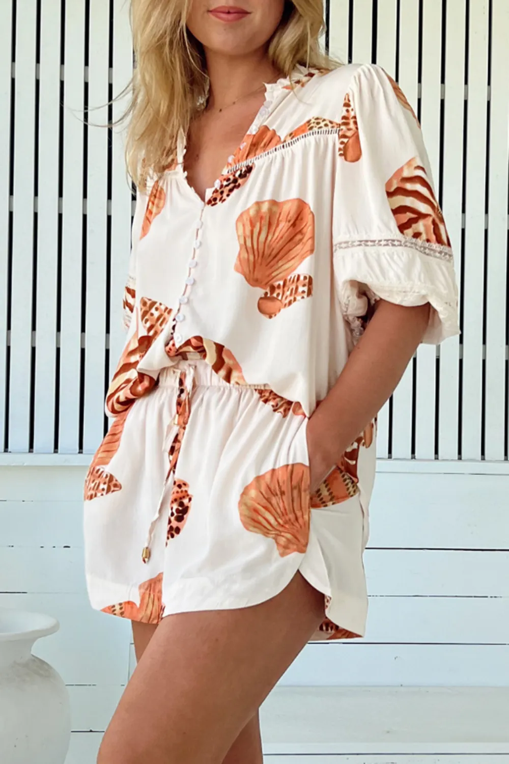 Cream Shell Print Short Sleeve V Neck Blouse