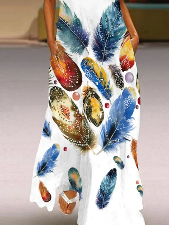 Women's Long Dress Maxi Dress Casual Dress Print Dress Outdoor Holiday Vacation  Print Sleeveless V Neck Dress Regular Fit White Red Blue Summer Spring S M L XL XXL（with no pocket)