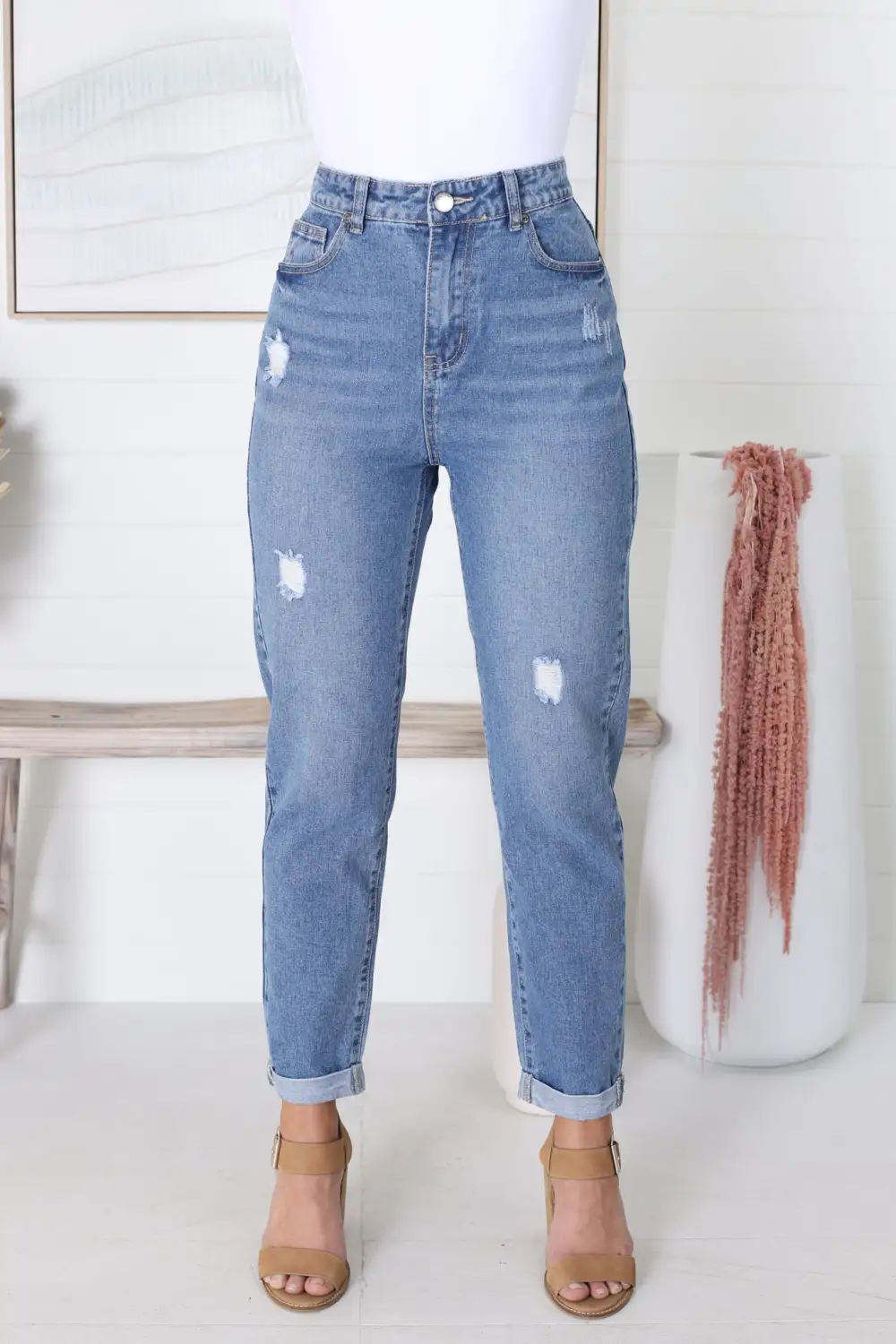 High Waisted Distressed Straight Leg Folded Cuff Jeans
