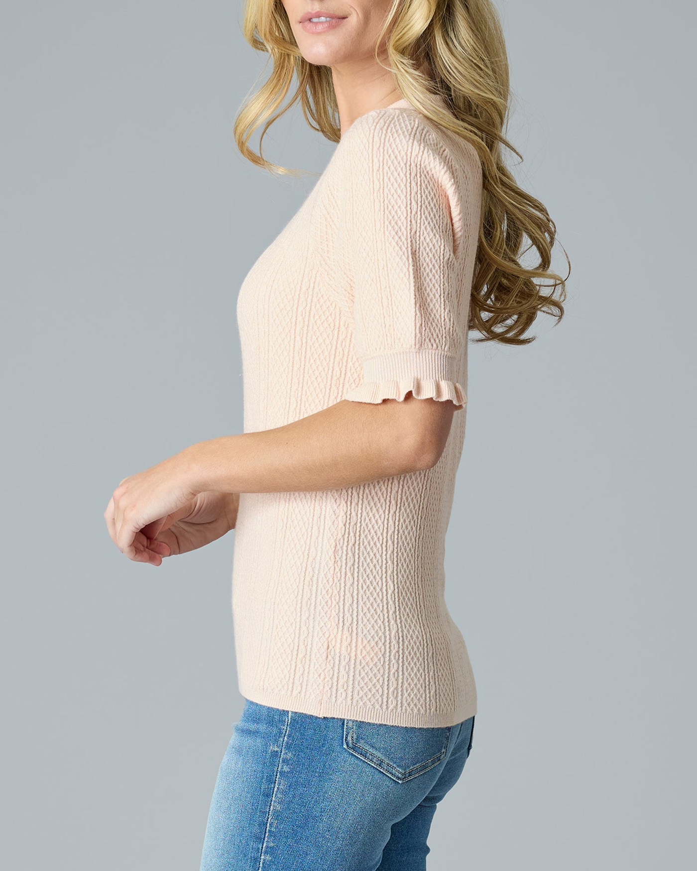 Pale Dogwood Ruffled Short Sleeves Sweater