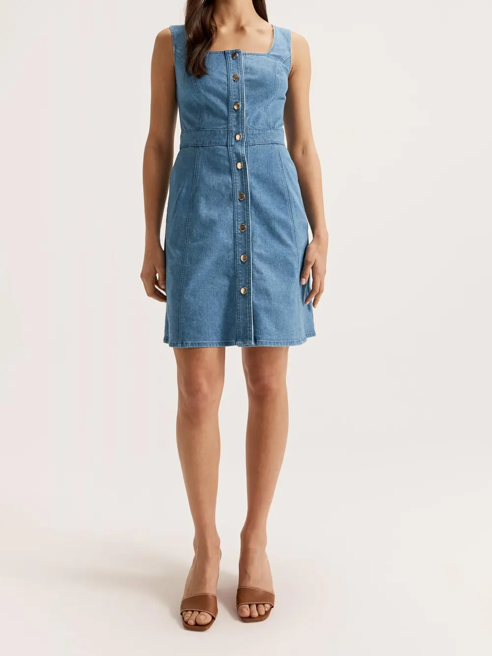 Button Detail Pockets Denim Dresses