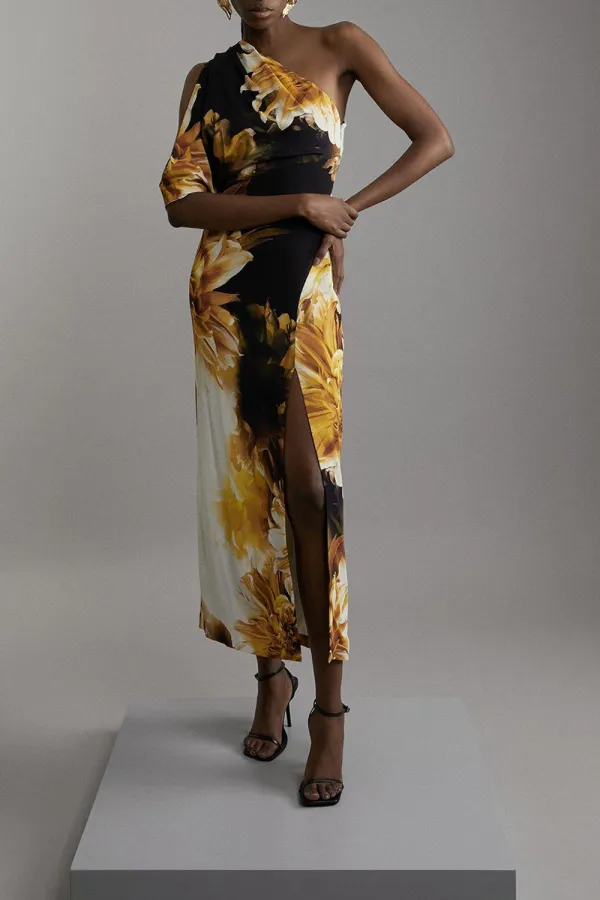 Compact Stretch Viscose Printed Photographic Floral One Shoulder Maxi Dress