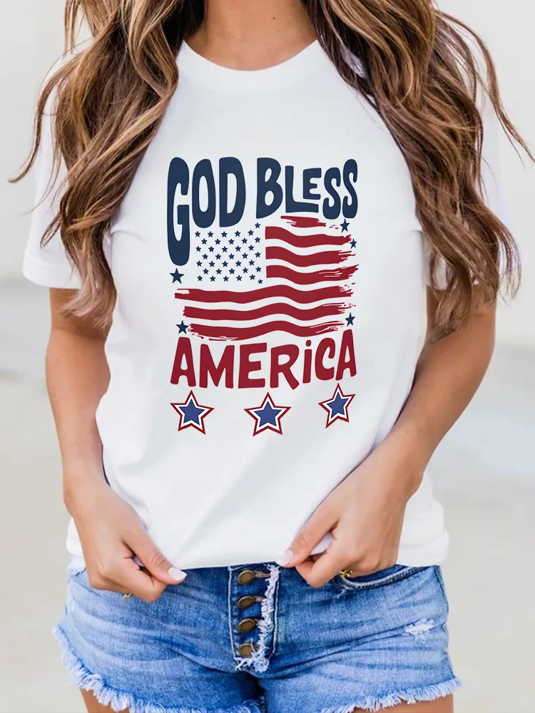 Woman'S God Bless America Round-Neck Short-Sleeved T-Shirt