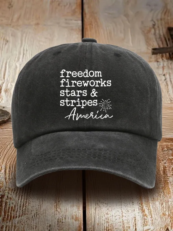 Freedom Fireworks Stars And Stripoes America Print Washed Baseball Cap