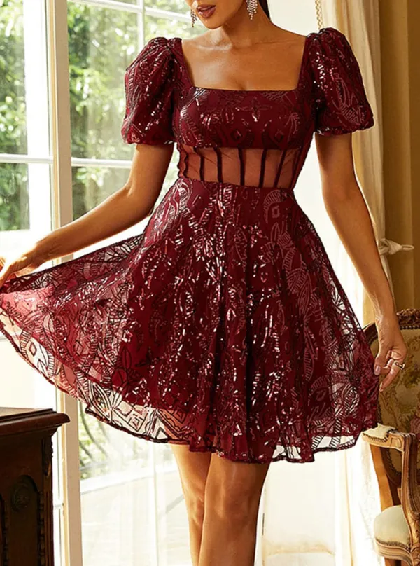 Square Neck Short Sleeve Sequin Red Mini Dress