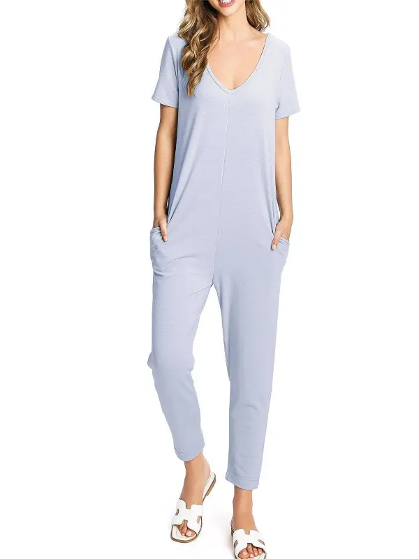 Black V - Neck Short - Sleeve Jumpsuit