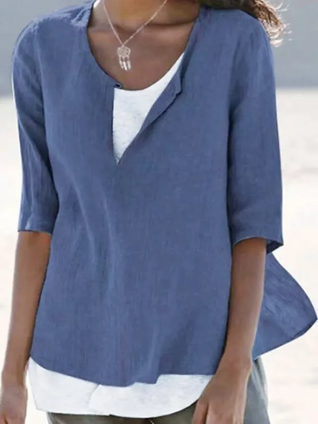Women's Shirt Blouse Plain Black White Pink Half Sleeve Holiday Casual Beach V Neck Regular Fit
