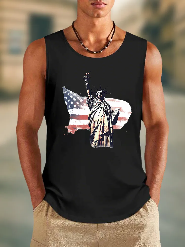 Men'S The Stars And Stripes And The Statue Of Liberty Print Round-Necked Sleeveless Vest