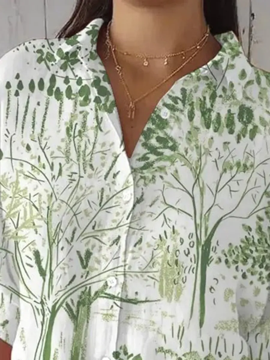 Women's casual retro forest print cotton and linen shirt