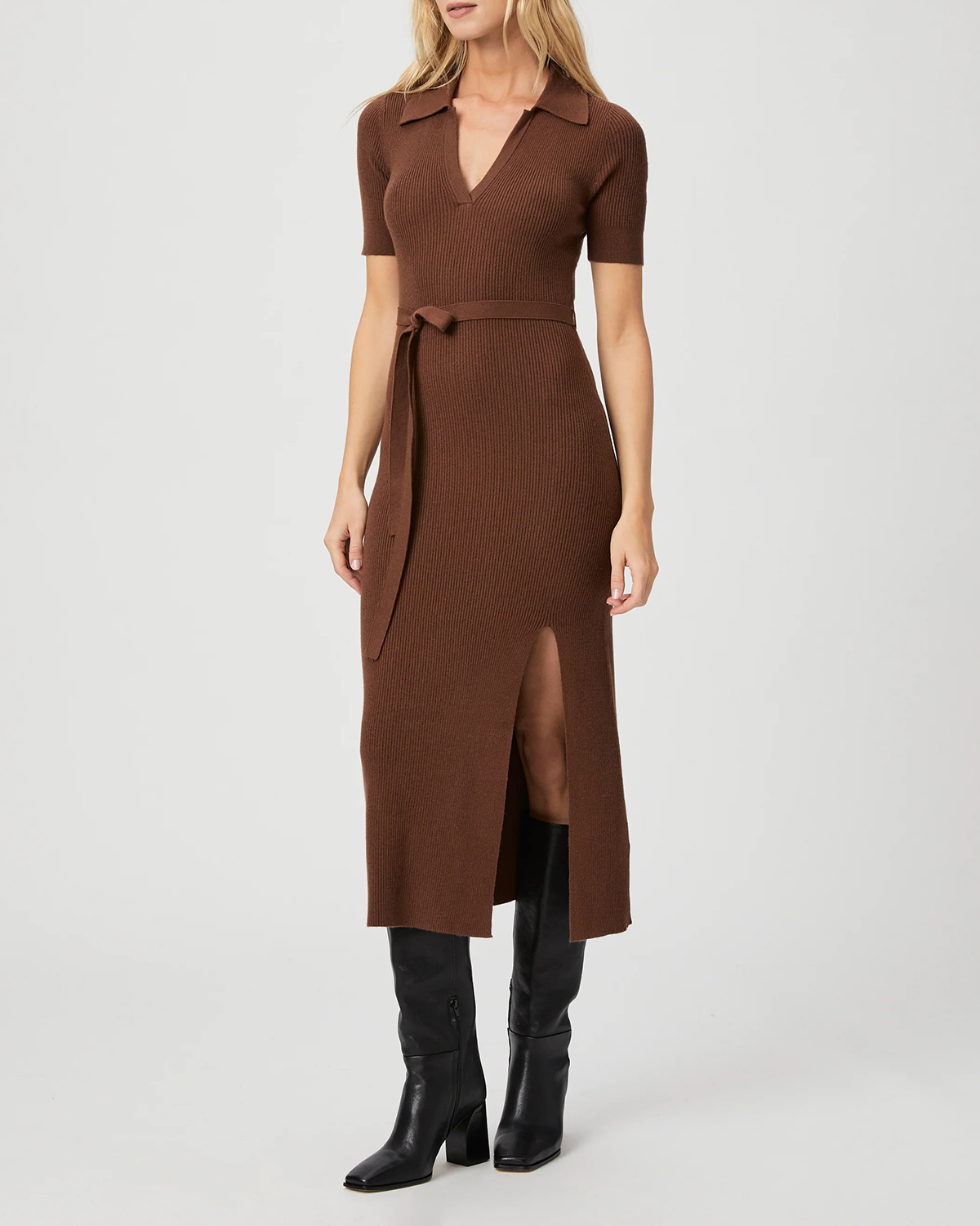 Brown Ribbed V Neck Belted Midi Dress
