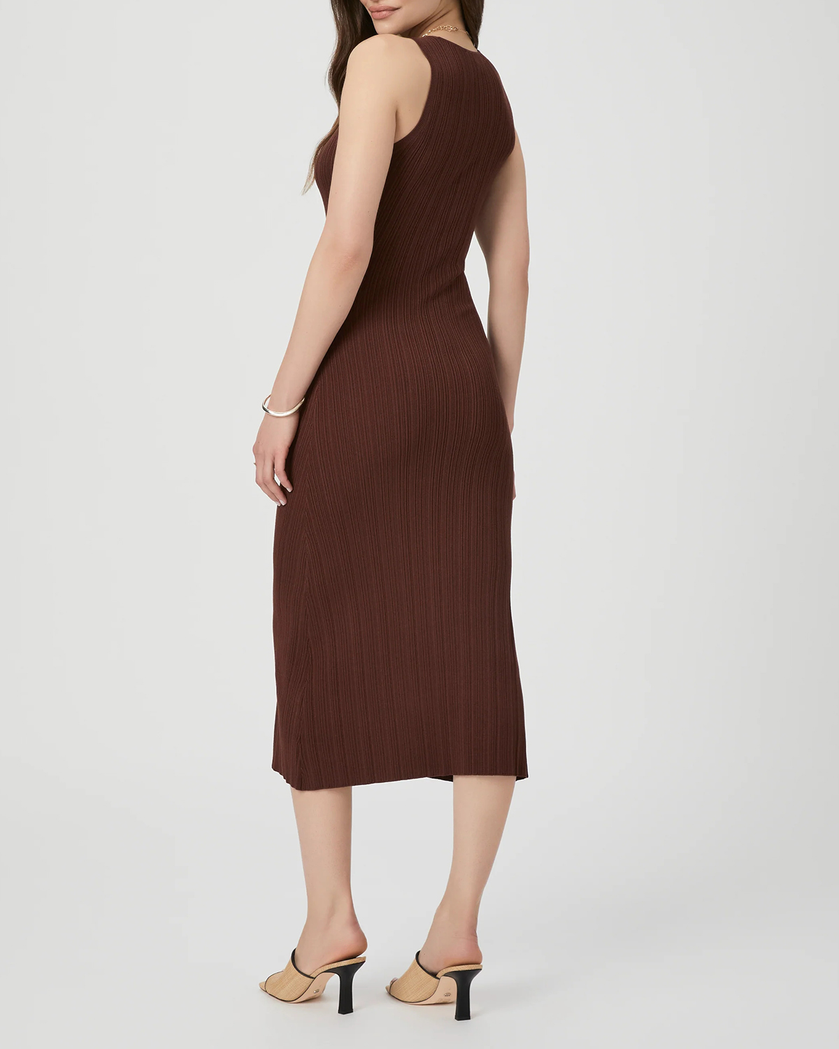Brown Ribbed Sleeveless Midi Dress