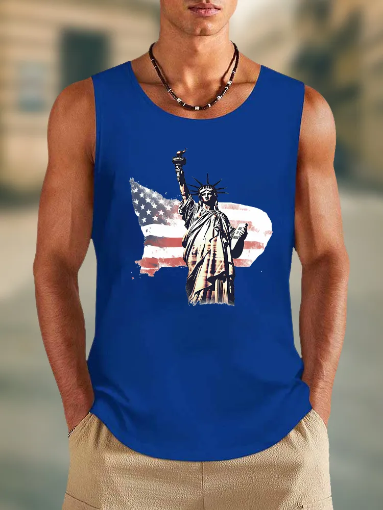 Men'S The Stars And Stripes And The Statue Of Liberty Print Round-Necked Sleeveless Vest