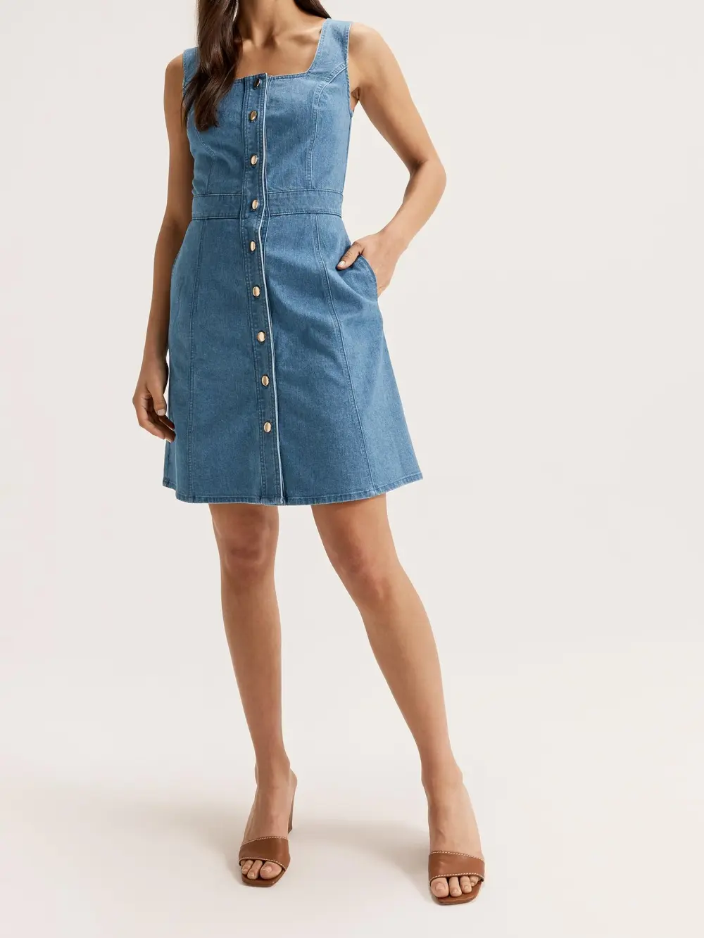 Button Detail Pockets Denim Dresses