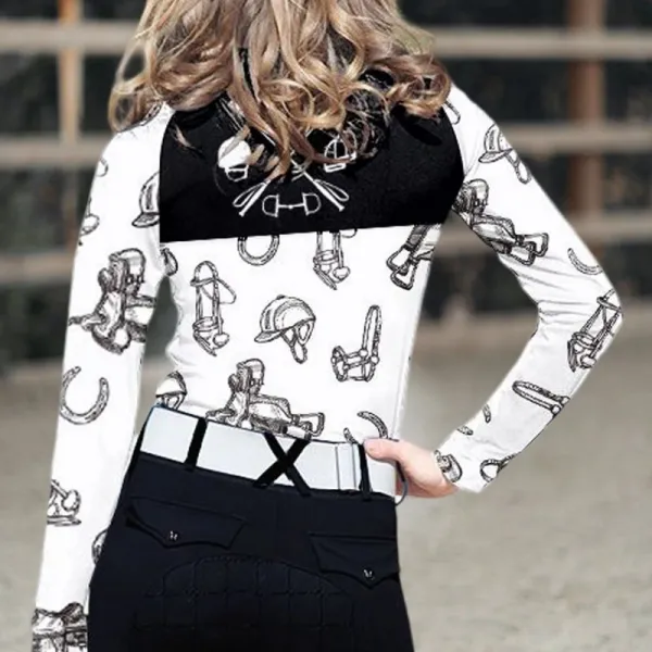 Horseshoes Women's Equestrian Style Harness Horse Print Long Sleeve Casual Shirt