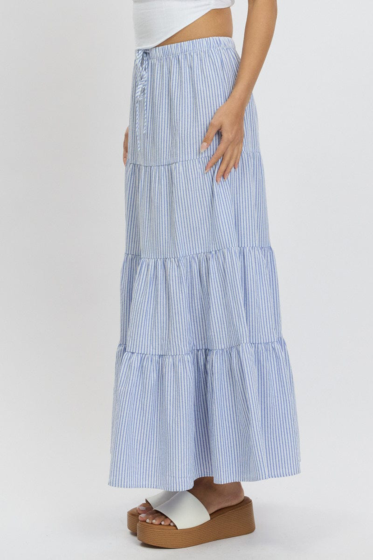 Blue Stripe Maxi Skirt Tiered High Rise Elastic Waistband