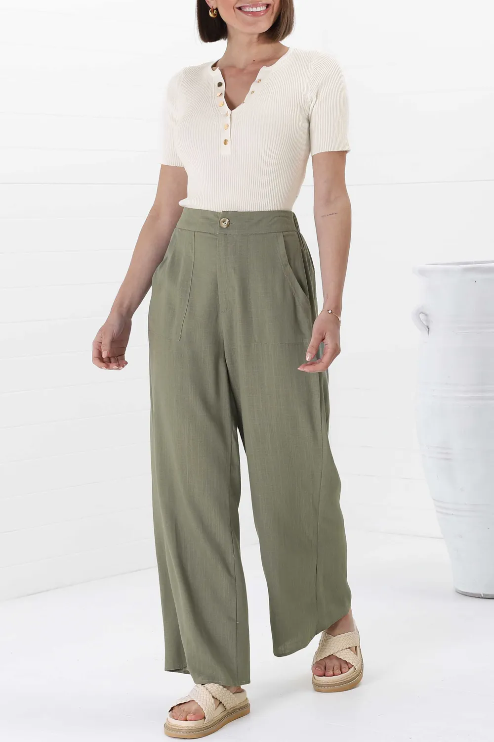 Olive Green High Waist Wide Leg Trousers