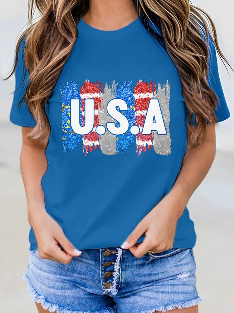 Woman'S USA Round-Neck Short-Sleeved T-Shirt