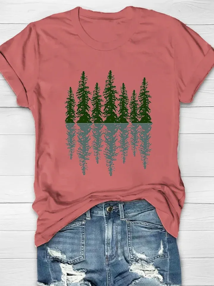 Women's Casual Natural Forest Print Short Sleeve Crew Neck T-Shirt
