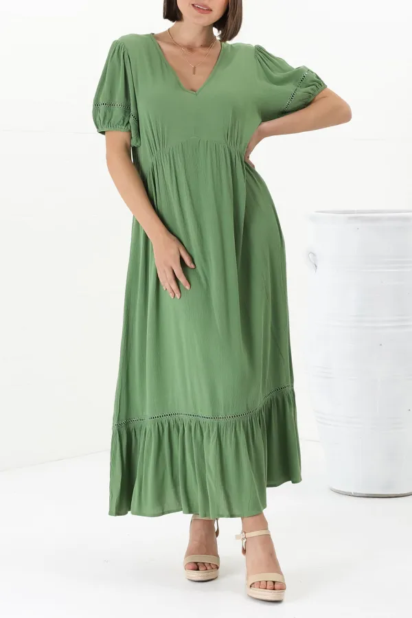 Green V Neck Short Sleeve Ruffled Maxi Dress