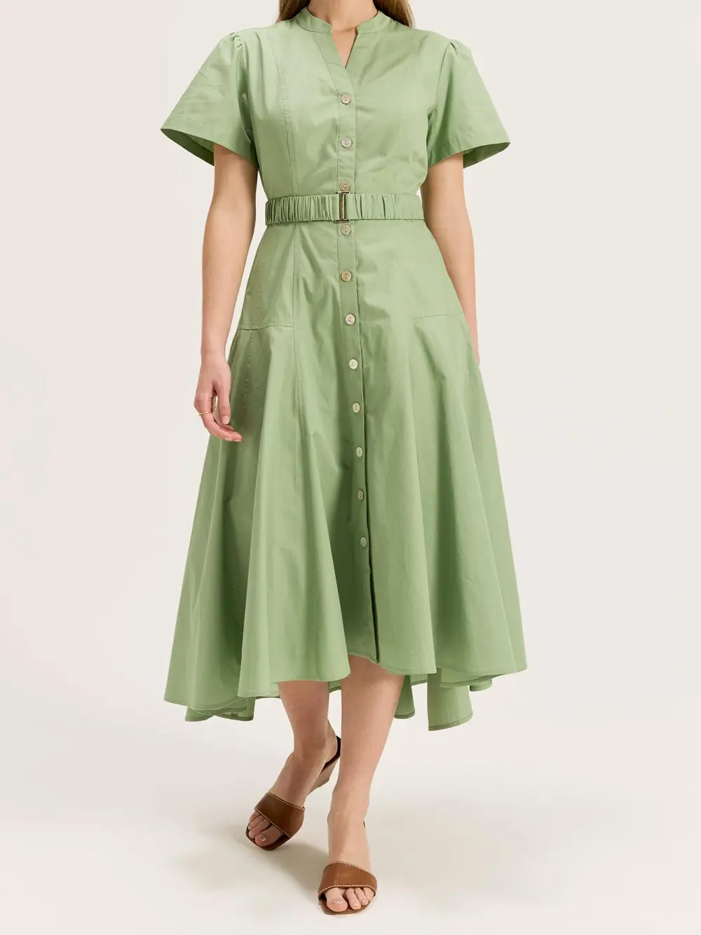 Green Short Sleeve Shirtdress with Belt