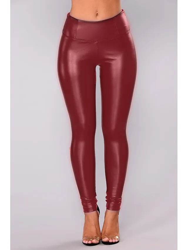 Women's Skinny Ankle-Length PU Artificial Leather Stretchy Mid Waist Streetwear Basic Party Daily Black Army Green S M Winter Spring &  Fall