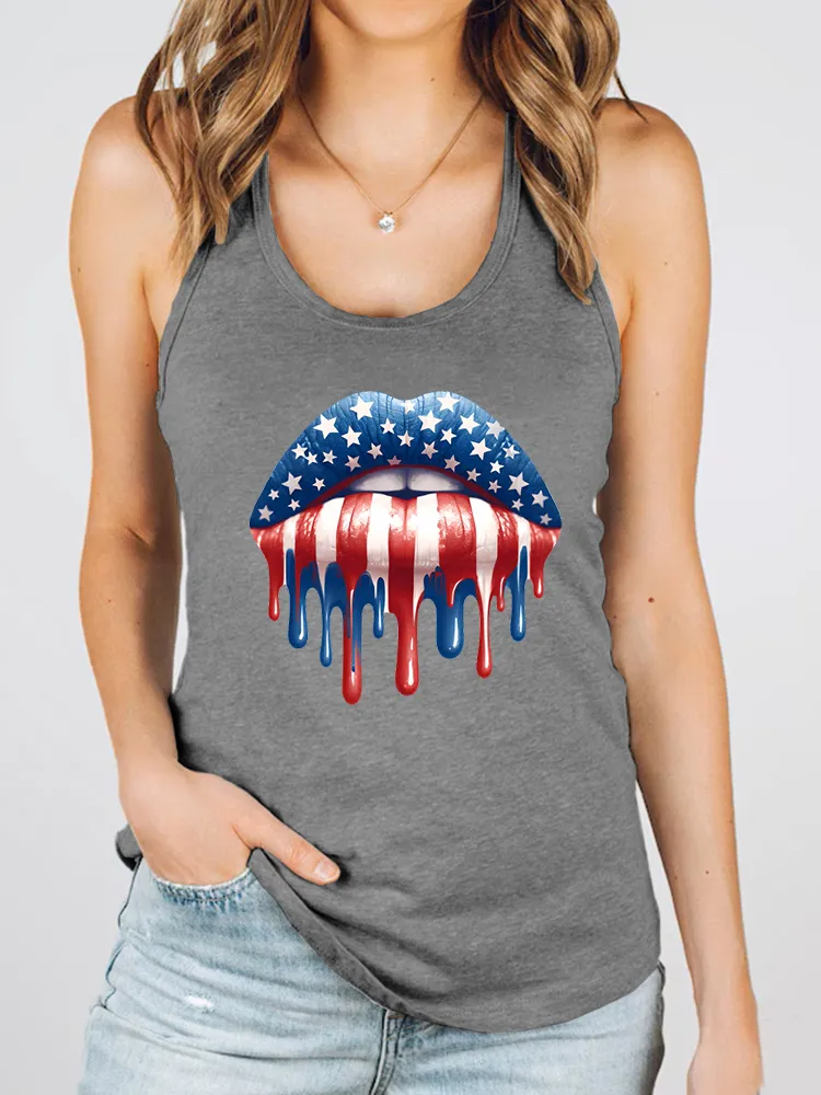 Women'S Star-Striped Lip Print Round-Necked Sleeveless Vest