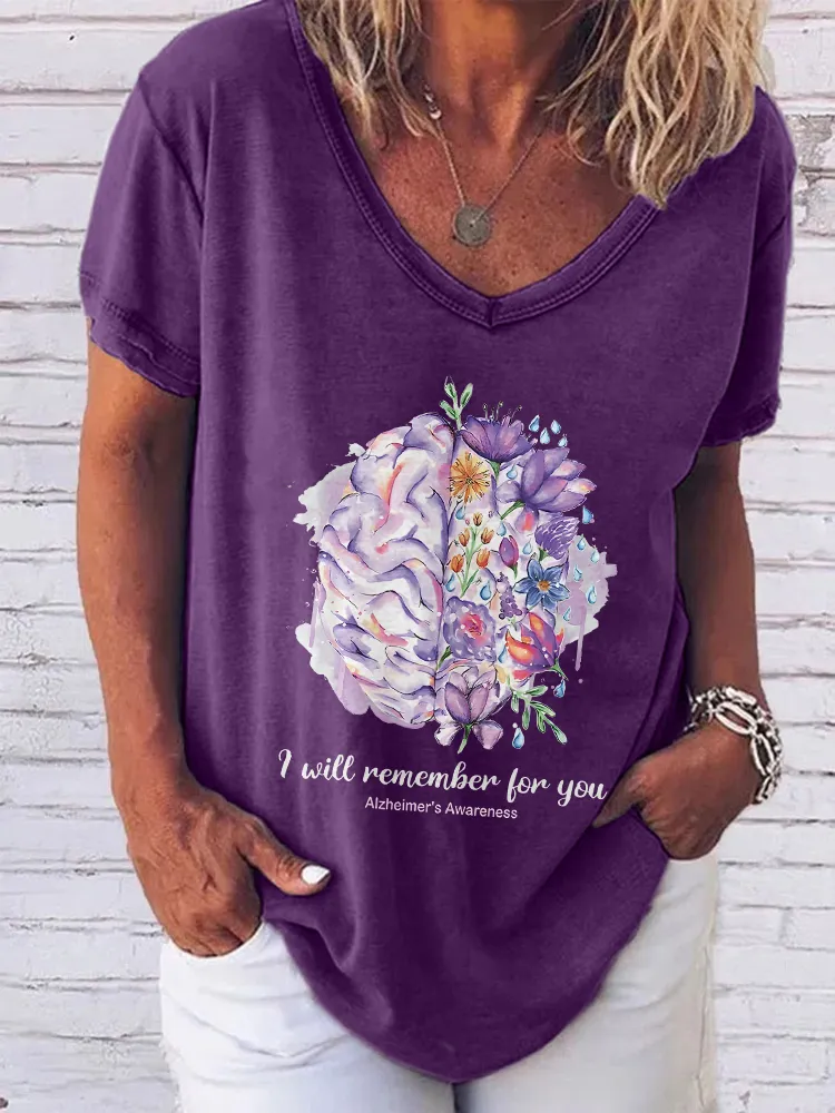 Women'S V-Neck Short-Sleeved T-Shirt I Will Remember For You Alzheimer'S Awareness Prints