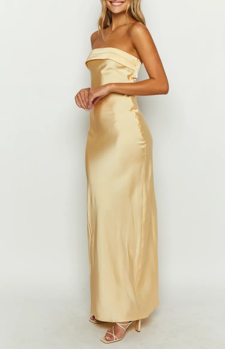 Strapless Yellow Satin Maxi Dress