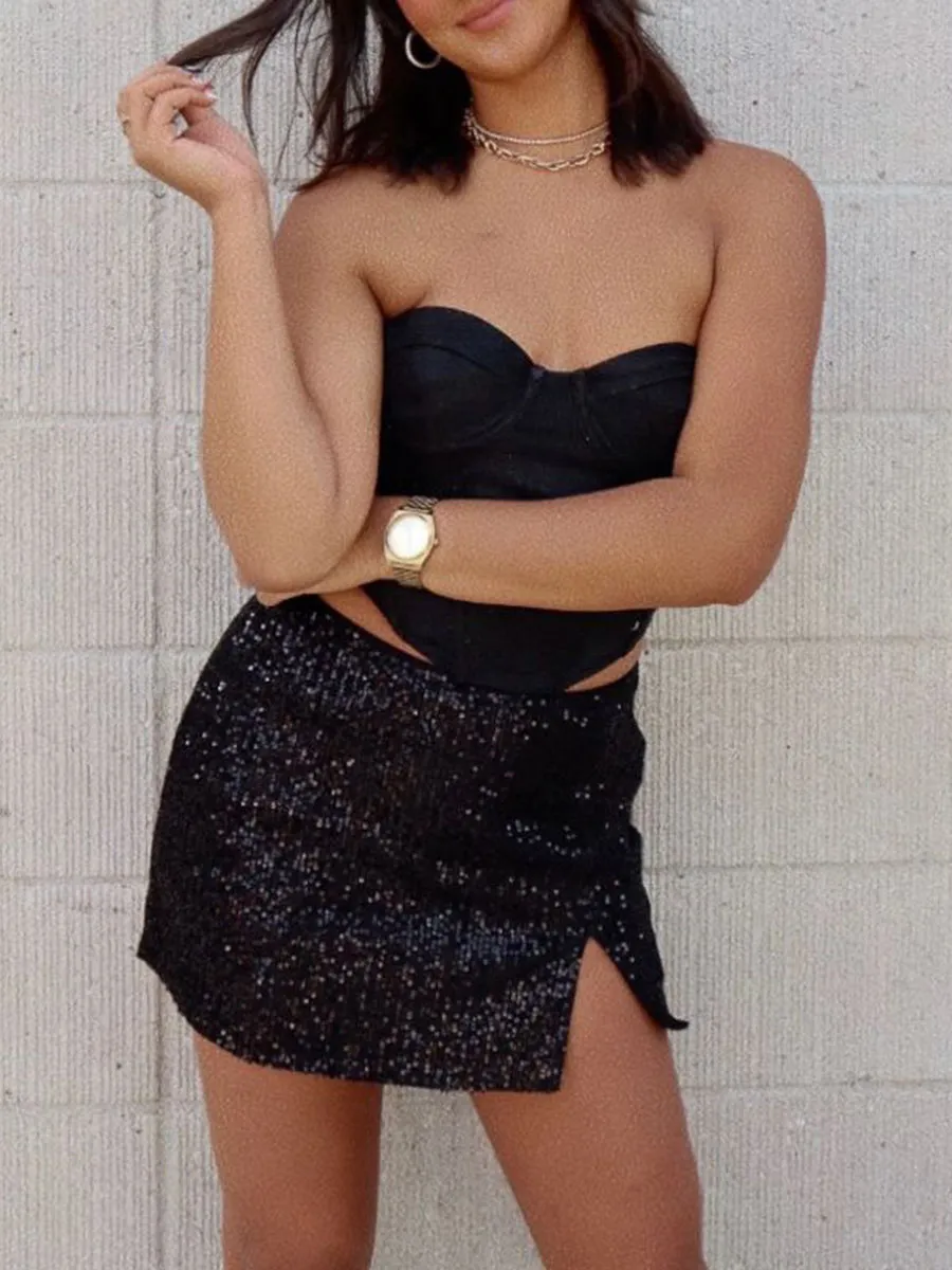 Black Sequin Short Slit Skirts
