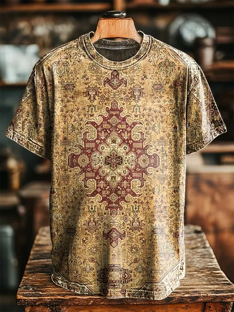Women'S T-Shirt Retro Diamond-Shaped Pattern Print Round-Neck
