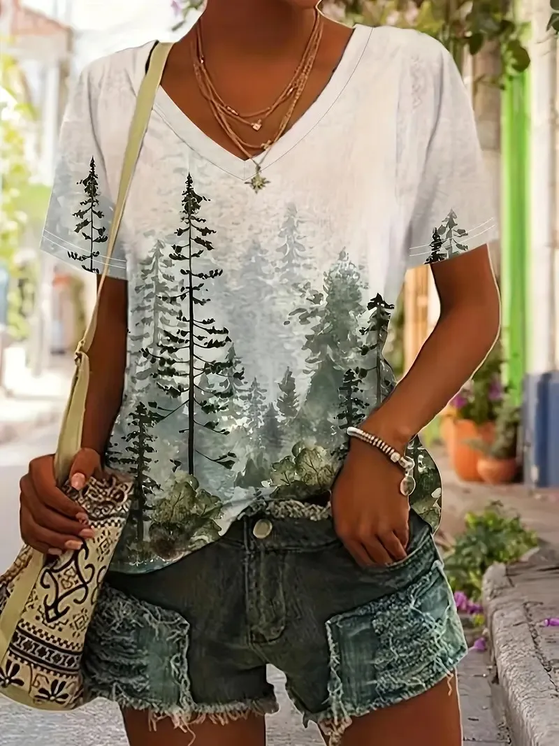Women's Casual Forest Print V-Neck Short Sleeve T-Shirt